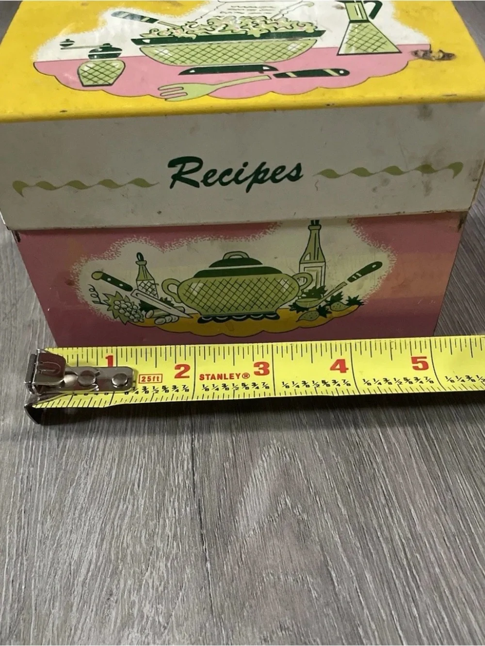 Vintage Ohio Art Metal Recipe Box Pink Yellow MCM Kitchen Tin Handwritten Recipe